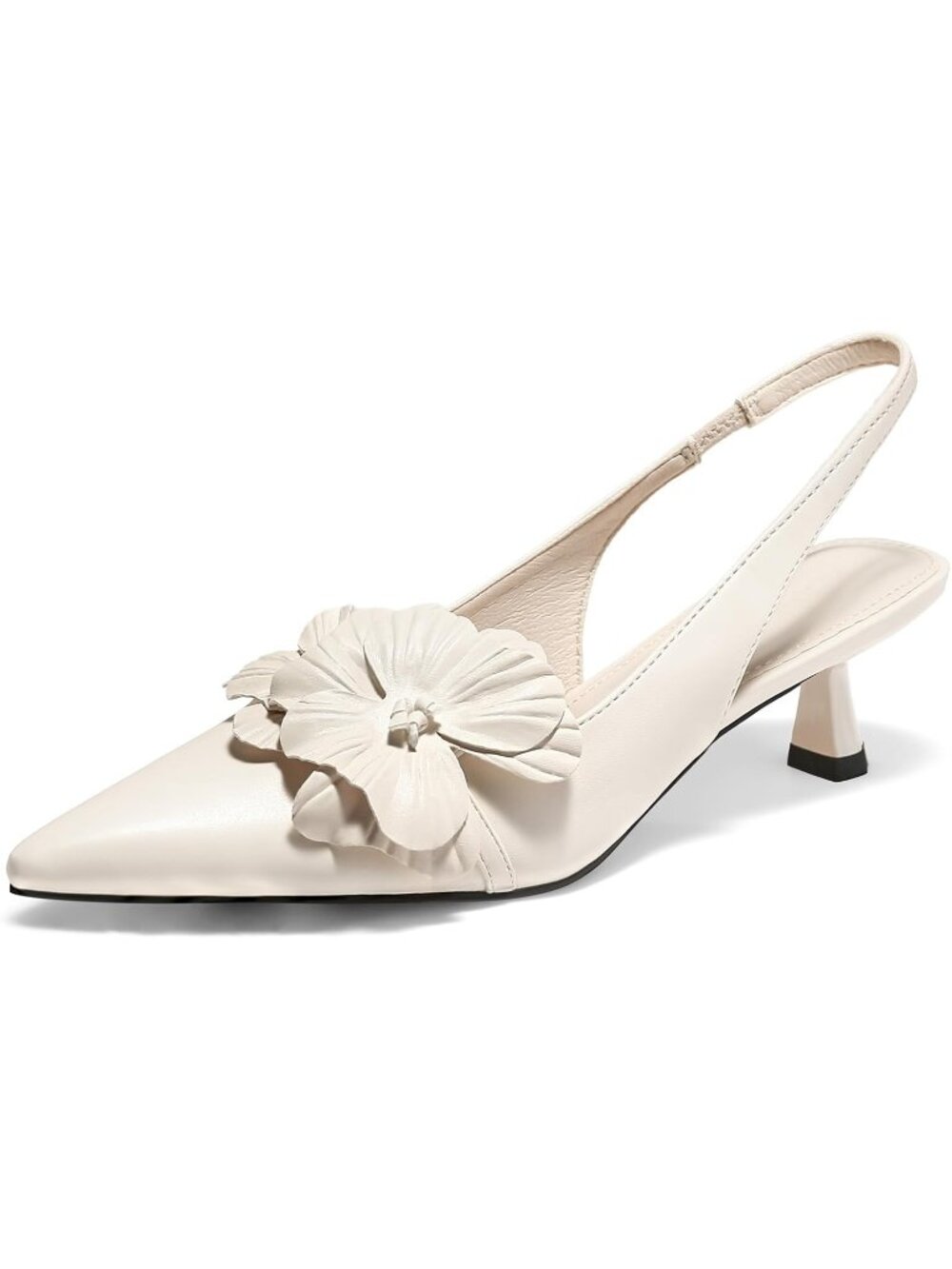 Womens Beige Flower Closed Pointed Toe Slingback Kitten Heel Wedding Pumps Shoes